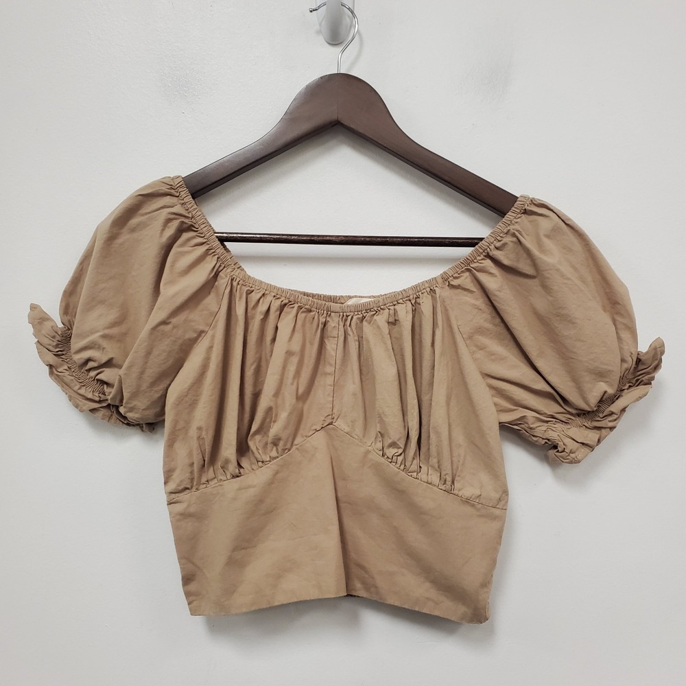 Sim & Sam Tan Milkmaid Top Size M Puff Sleeve Renaissance Romantic Bohemian
